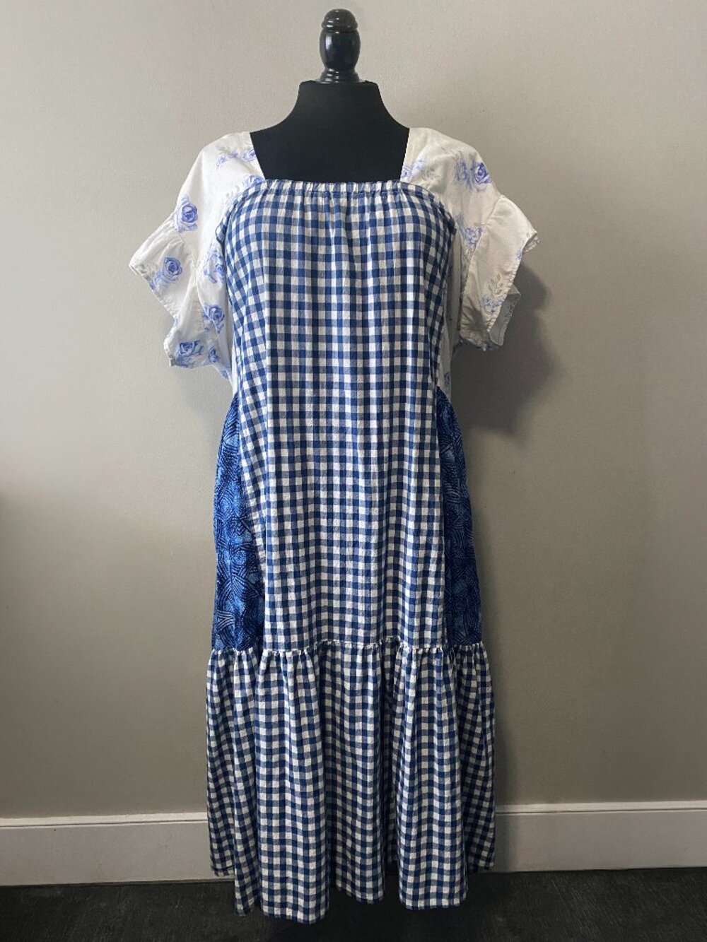 Handmade Plus Size Cotton Viscose Blue White Floral Gingham Dress